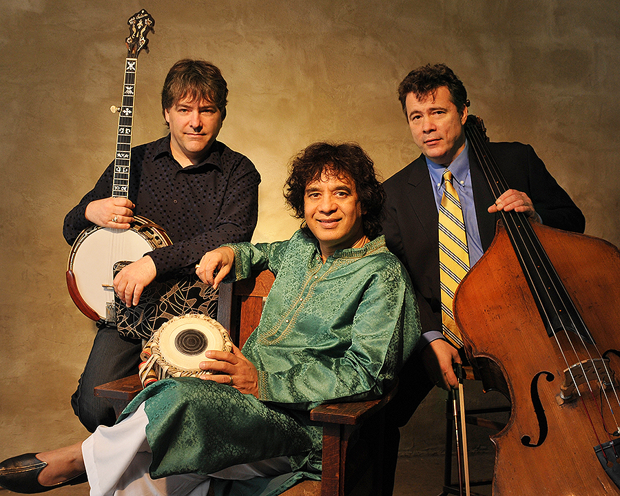 With Béla Fleck (left) and Edgar Meyer, Zakir Hussain wrote the Triple Concerto for Banjo, Bass and Tabla. | Photo: Jim McGuire