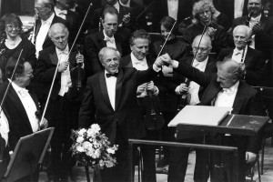 Daniel Barenboim (far right) joins the CSO in celebrating the 70th birthday of Pierre Boulez (center), who also was named principal guest conductor.