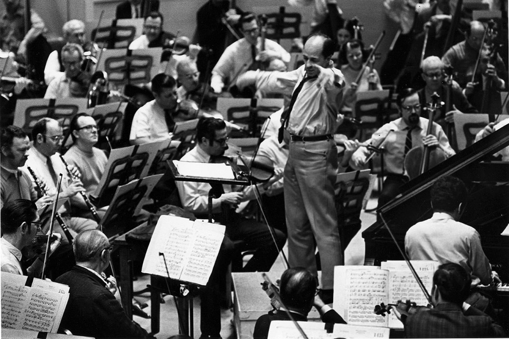 Pierre Boulez leads the CSO in rehearsal for his Orchestra Hall debut concerts in 1969.