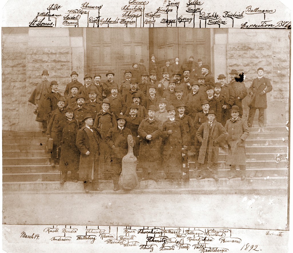 Members of the Chicago Orchestra (as the CSO was then known) pose on the steps outside the St. Louis Exposition and Music Hall in 1892.