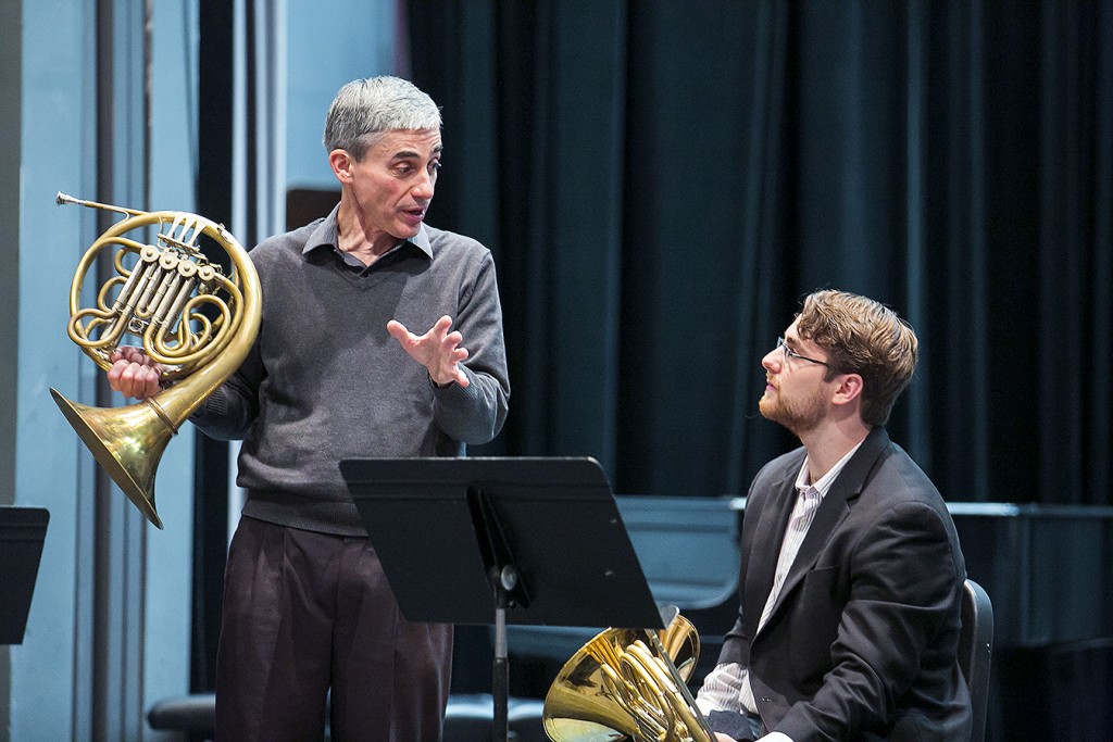 Acting principal horn Daniel Gingrich discusses technique during a master class conducted on the CSO's U.S. fall 2015 tour. | © Todd Rosenberg Photography 2015