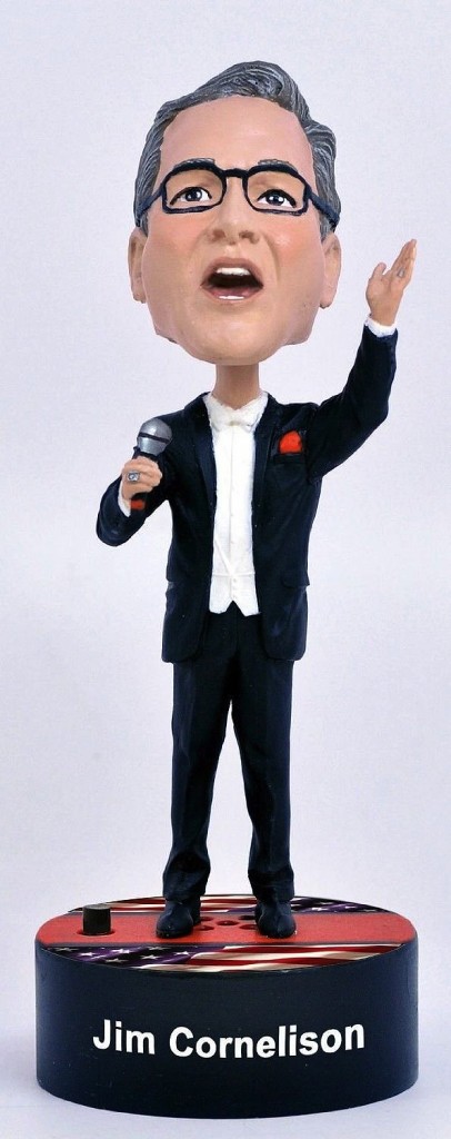 Jim Cornelison, official National Anthem singer for the Blackhawks, has his own bobblehead, available at jimcornelison.com.