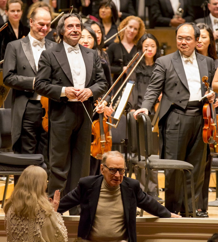 Ennio Morricone (center), Riccardo Muti and the Chicago Symphony Orchestra take a bow after the composer's "Voices From the Silence." | ©Todd Rosenberg Photography