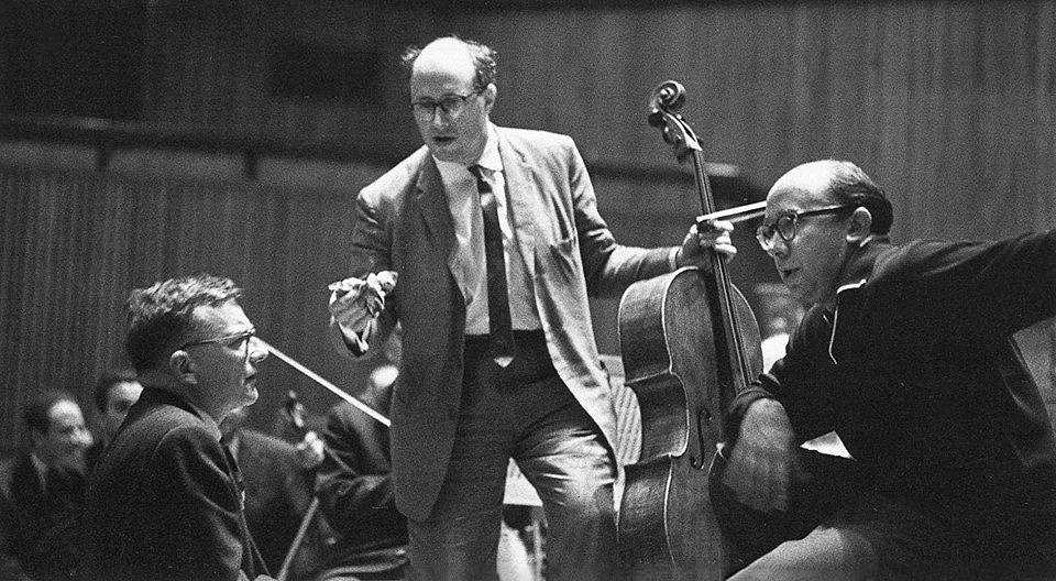 Dmitri Shostakovich (from left), cellist Mstislav Rostropovich and conductor Gennady Rozhdestvensky at a rehearsal for the composer's Cello Concerto No. 1 in 1960.