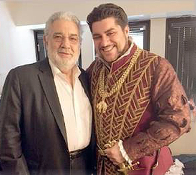 Luca Salsi backstage with Placido Domingo, after the April 4 matinee at the Met.