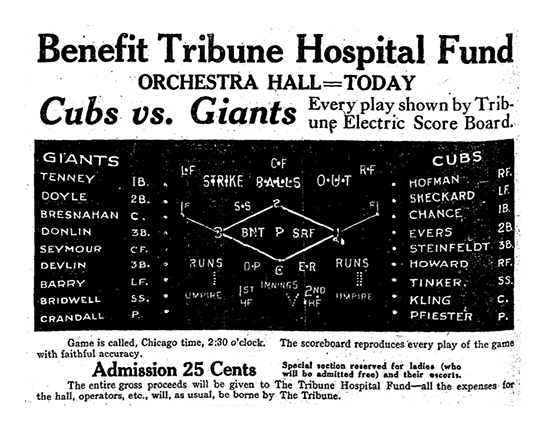 A Sept. 23, 1908, ad extols the Orchestra Hall scoreboard that “reproduces every play of the game with faithful accuracy” — but it missed the game-tying "Merkle's boner" that afternoon. 