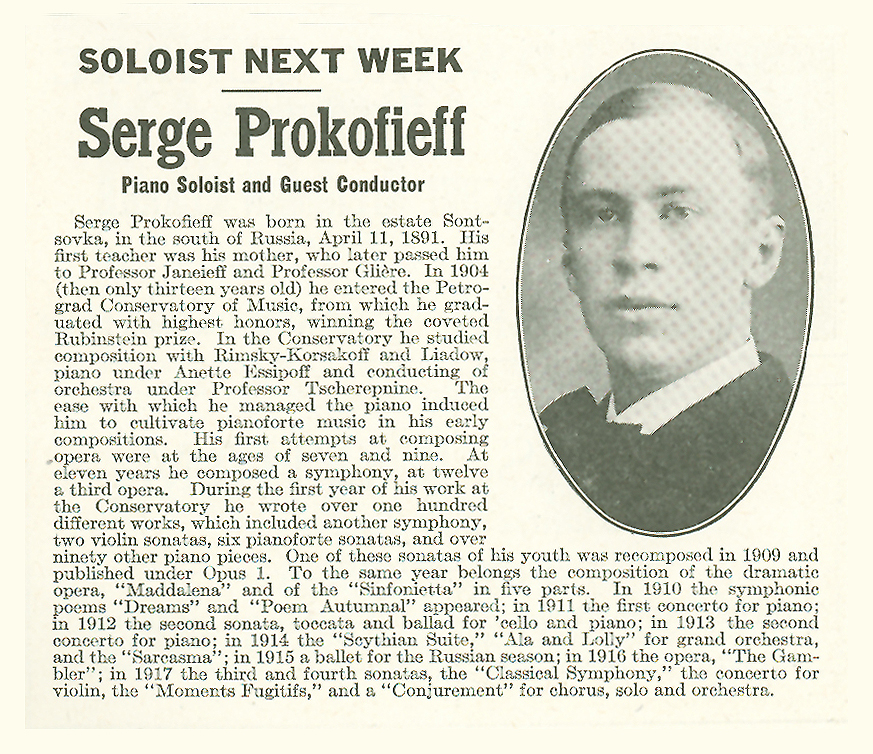 Ahead of his 1921 appearance with the CSO, Prokofiev receives a welcome in the program book.