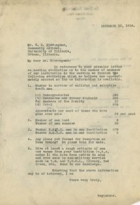 Letter, DePaul Registrar to R.E. Heironymous, December, 10, 1918 Pre-O’Malley Presidential Files DePaul University Archives