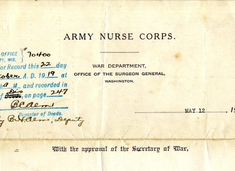 Army Nurse Corps. War Department form, Office of the Surgeon General, May 12, 1917. With this form reserve nurse Ernestine Kandel was assigned to active service in the military establishment. Kandel arrived in Camiers, France on June 11, 1917, to work for the British Base Hospital 18 and was later transferred to Base Hospital 12. Kandel was officially relieved from active service on July 8, 1919.