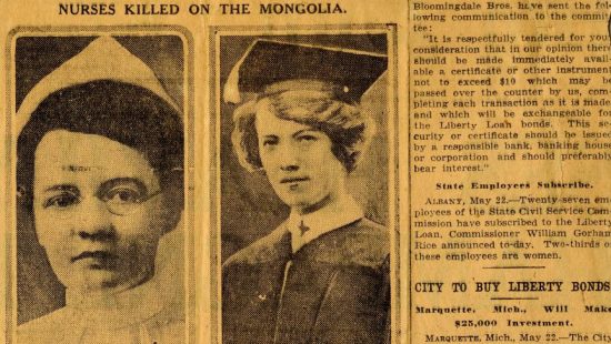 Newspaper clipping on the death of the two nurses Helen Wood and Edith Ayres, May, 1917