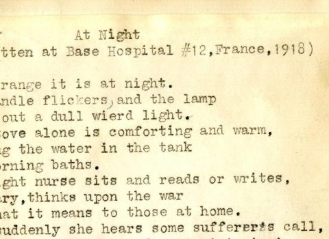 “At Night”. Poem written by Base Hospital 12 Nurse Marguerite Deuel. France, 1918