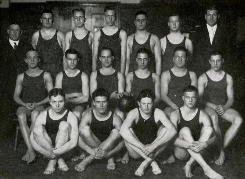 West and his water basketball teammates, Syllabus, 1918