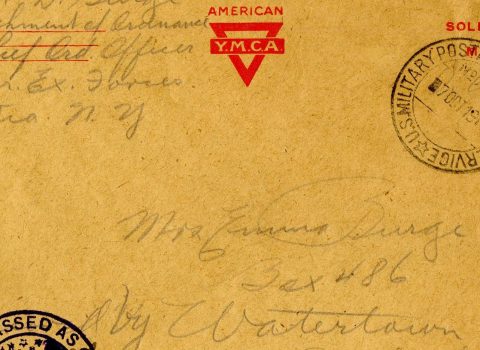 Censor-approved envelopes, 1918. Postal letters, stamped “A.E.F. Passed as Censored,” sent by Sgt. Russel David Burge, class of 1927, from France to his mother, Emma Burge in South Dakota.