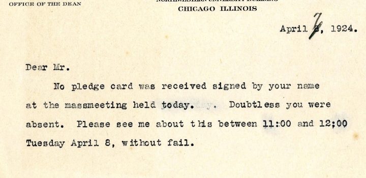 Unaddressed letter to Northwestern student, 1924 Wigmore sent this notice to all students who had not signed his “Duty to Bear Arms” pledge.