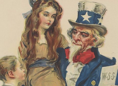 “Boys and girls! You can help your Uncle Sam win the war – save your quarters, buy War Savings Stamps.” James Montgomery Flagg: 1917; War Saving Stamps.